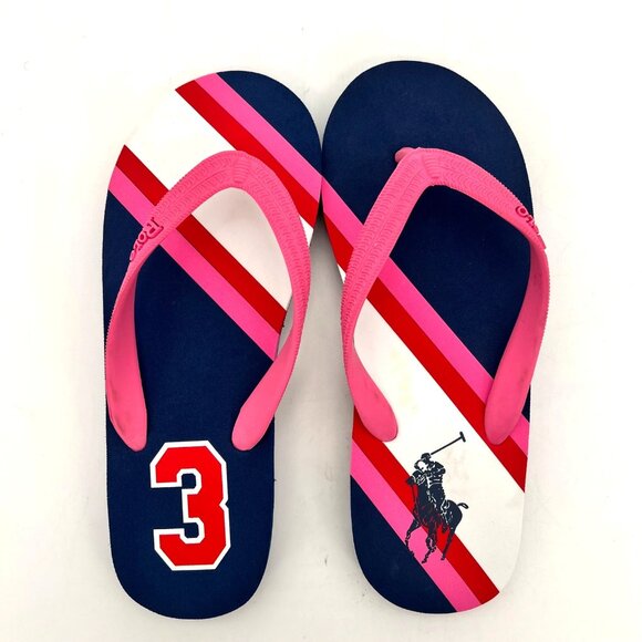 Polo Club Shoes - Polo Ralph Lauren Womens Size 5 Navy & Pink Striped Flip Flops Pony & 3 Logo New